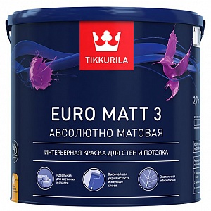 Краска водоэмульсионная EURO 3 MATT глубокоматовая (База А), Tikkurila (2,7л)