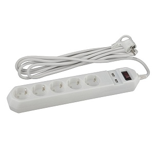 Сетевой фильтр ЭРА USF-5es-1,5m-USB-W (белый), с/з, 3*0,75мм2, 5гн+2USB, 1,5м